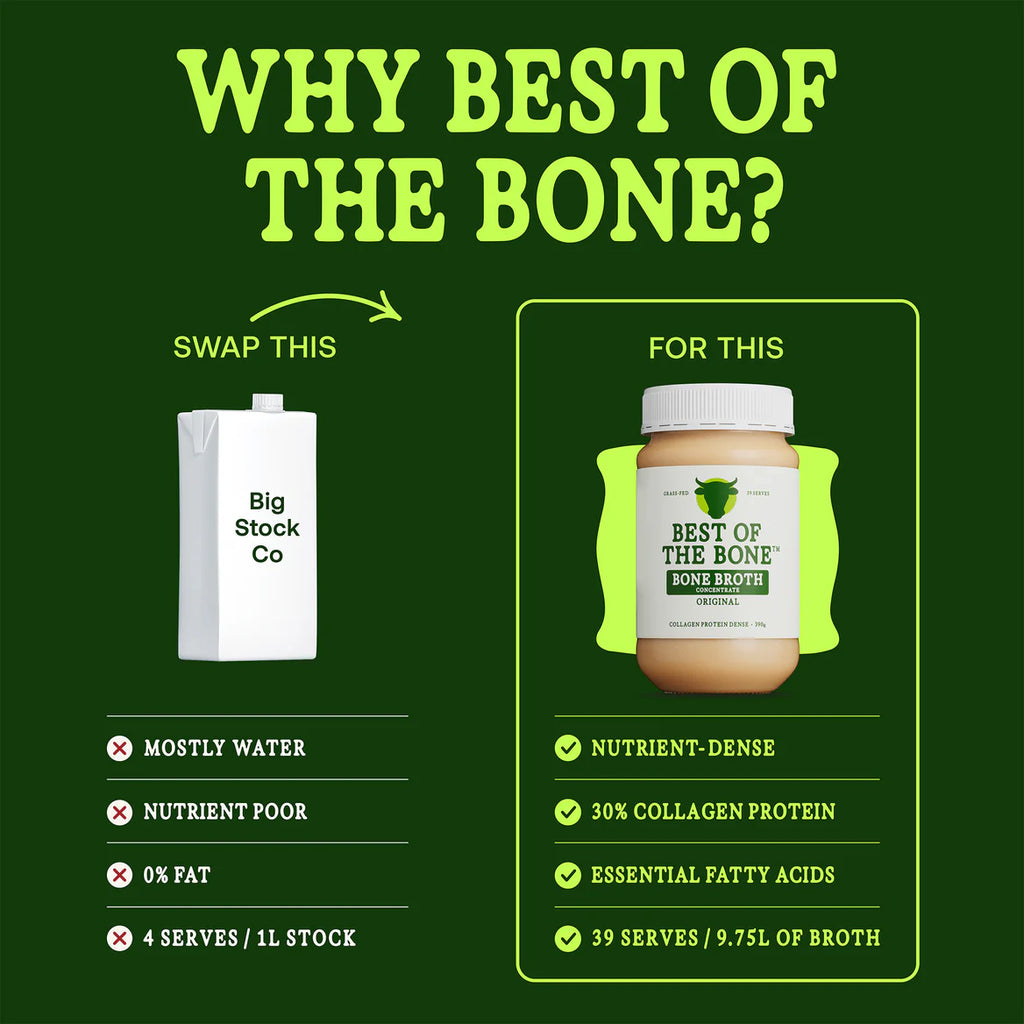 Original Beef Bone Broth concentrate made from 100% grass-fed and finished Australia and NZ beef bones and sea salt. No fillers, flavours, or additives
