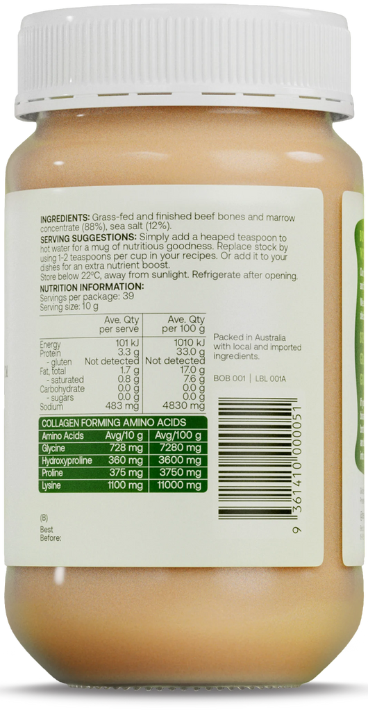 Original Beef Bone Broth concentrate made from 100% grass-fed and finished Australia and NZ beef bones and sea salt. No fillers, flavours, or additives