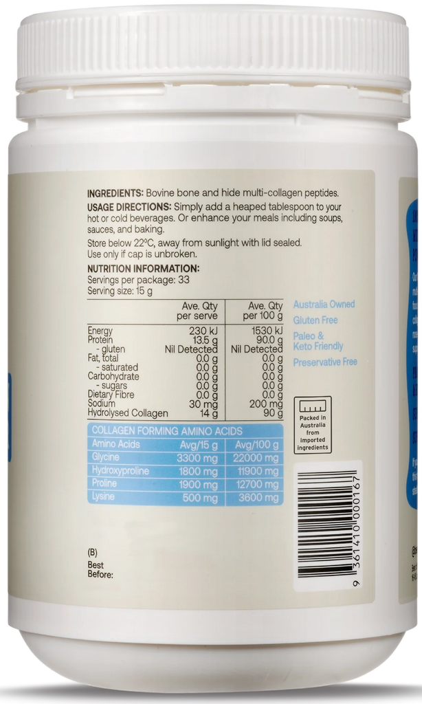 Best of Bone Beef Multi Collagen Peptides 500g hydrolysed multi collagen peptides powder delivers nose-to-tail nutrition to support hair, skin and nails, stronger joints, and gut health.