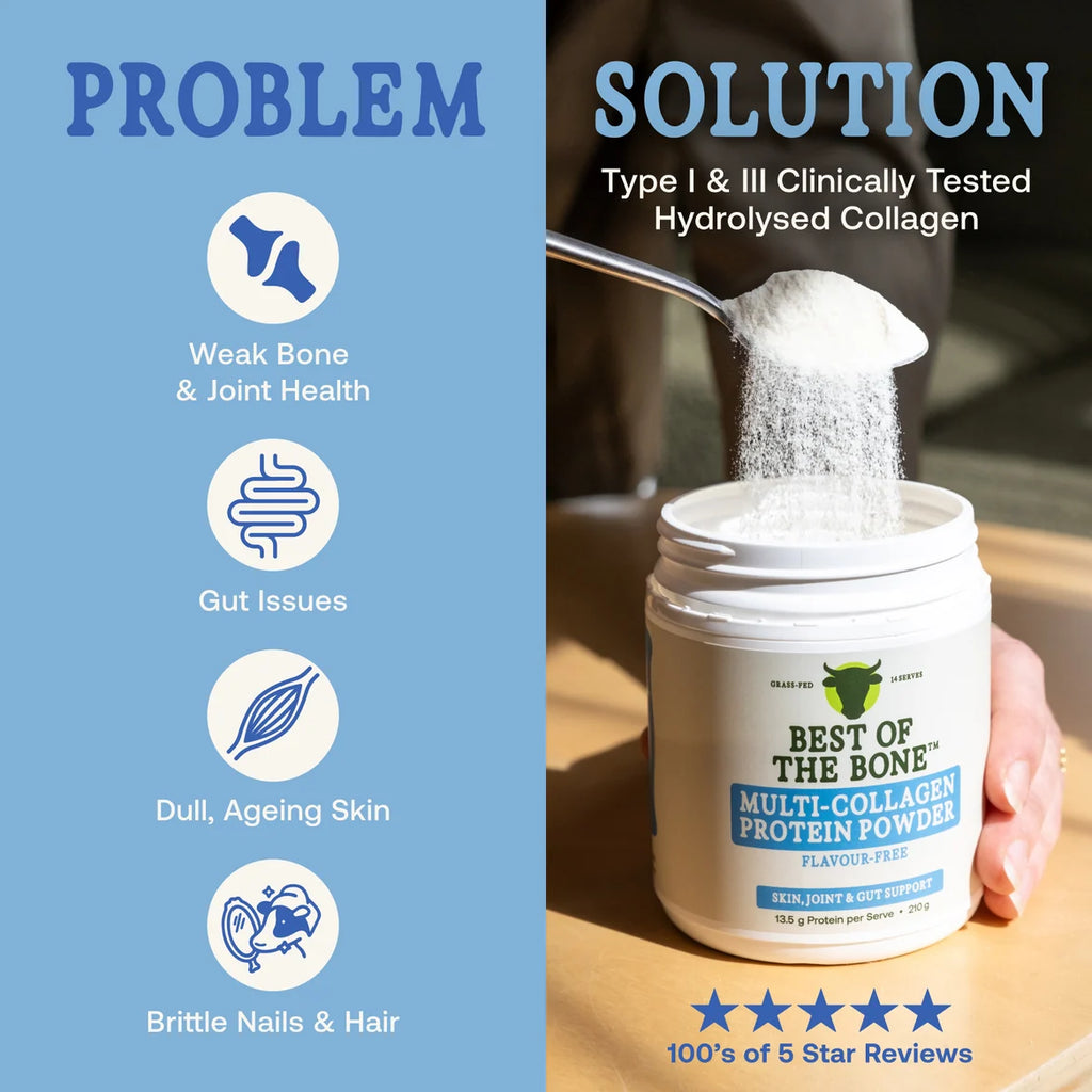 Best of Bone Beef Multi Collagen Peptides 500g hydrolysed multi collagen peptides powder delivers nose-to-tail nutrition to support hair, skin and nails, stronger joints, and gut health.