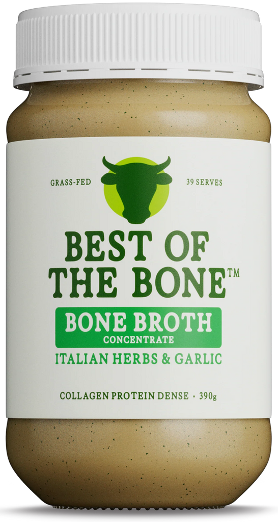 Best of Bone Italian herb Beef Bone Broth for gut health, joints, glow, and delicious stock replacement.