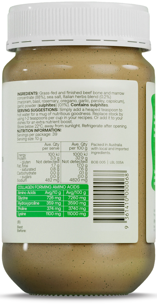 Best of Bone Italian herb Beef Bone Broth for gut health, joints, glow, and delicious stock replacement.