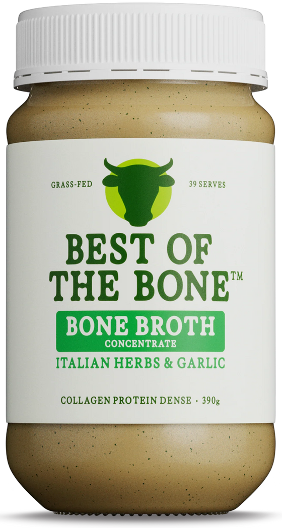 Best of Bone Italian herb Beef Bone Broth for gut health, joints, glow, and delicious stock replacement.
