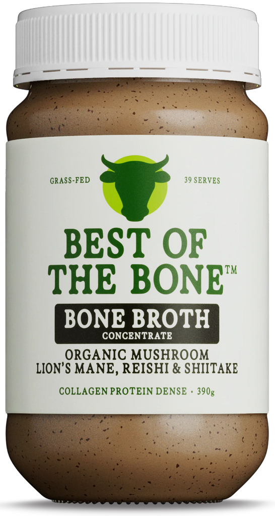 Best of the Bone Organic Mushroom Bone Broth for stress relief, focus, and gut and joint support.