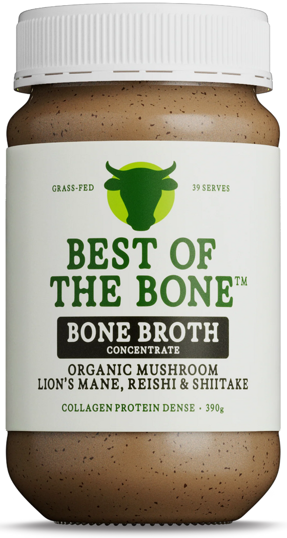 Best of the Bone Organic Mushroom Bone Broth for stress relief, focus, and gut and joint support.