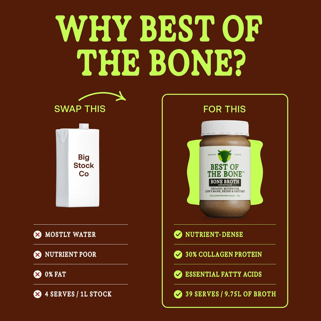 Best of the Bone Organic Mushroom Bone Broth for stress relief, focus, and gut and joint support.