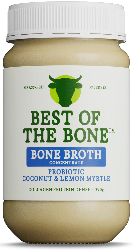 Best of Bone probiotic-rich bone broth concentrate will make your guts grin! 100% grass-fed Australian and NZ beef bones, sea salt, probiotics, lemon myrtle and coconut. No fillers or additives.