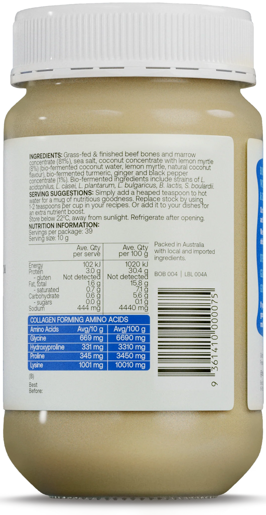 Best of Bone probiotic-rich bone broth concentrate will make your guts grin! 100% grass-fed Australian and NZ beef bones, sea salt, probiotics, lemon myrtle and coconut. No fillers or additives.
