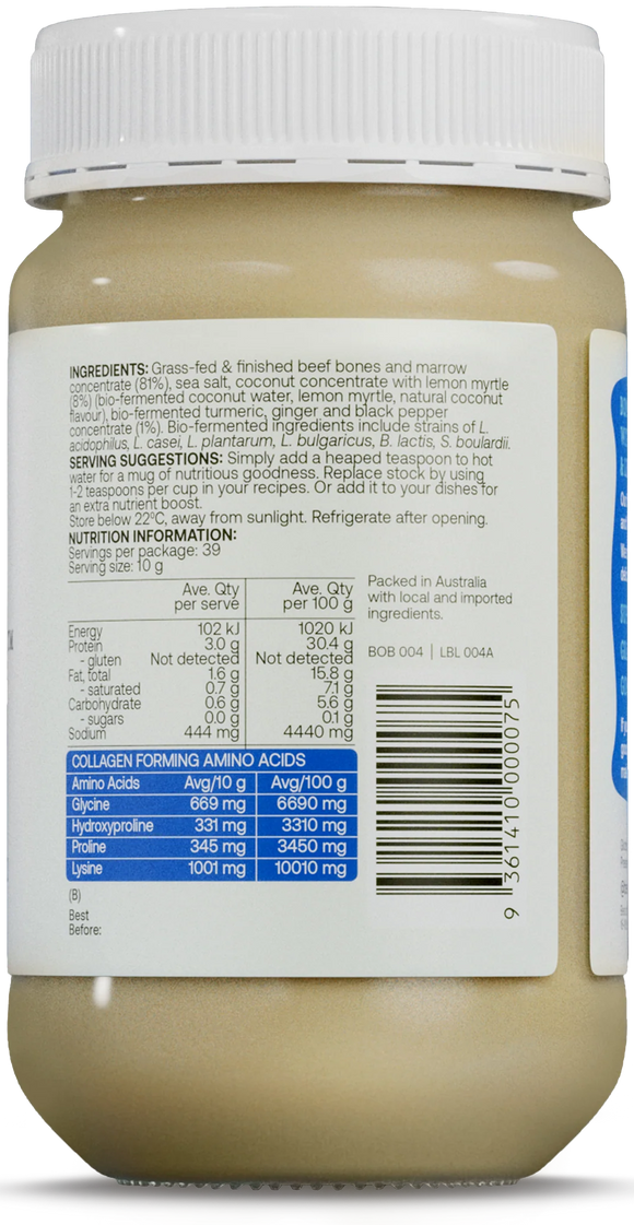Best of Bone probiotic-rich bone broth concentrate will make your guts grin! 100% grass-fed Australian and NZ beef bones, sea salt, probiotics, lemon myrtle and coconut. No fillers or additives.