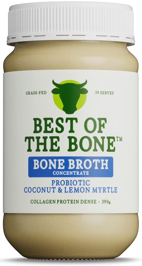 Best of Bone probiotic-rich bone broth concentrate will make your guts grin! 100% grass-fed Australian and NZ beef bones, sea salt, probiotics, lemon myrtle and coconut. No fillers or additives.
