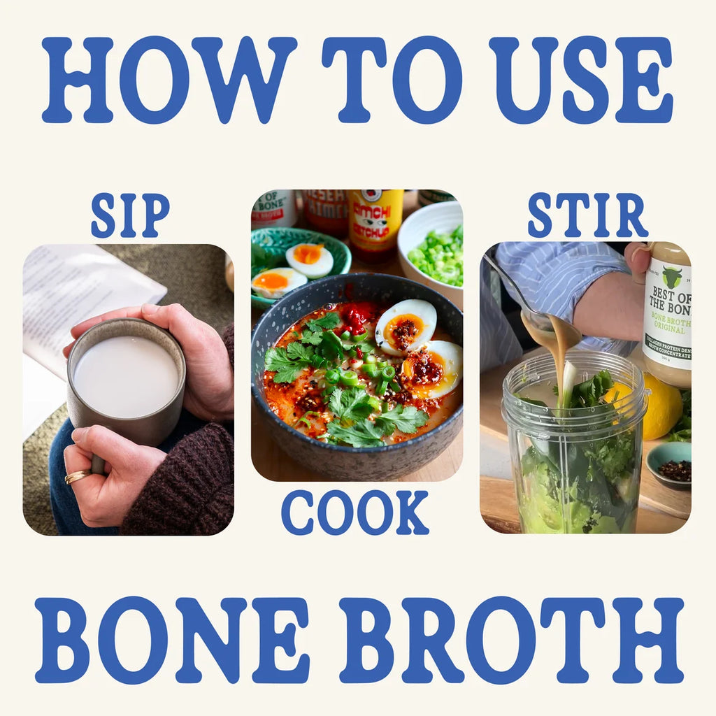 Best of Bone probiotic-rich bone broth concentrate will make your guts grin! 100% grass-fed Australian and NZ beef bones, sea salt, probiotics, lemon myrtle and coconut. No fillers or additives.