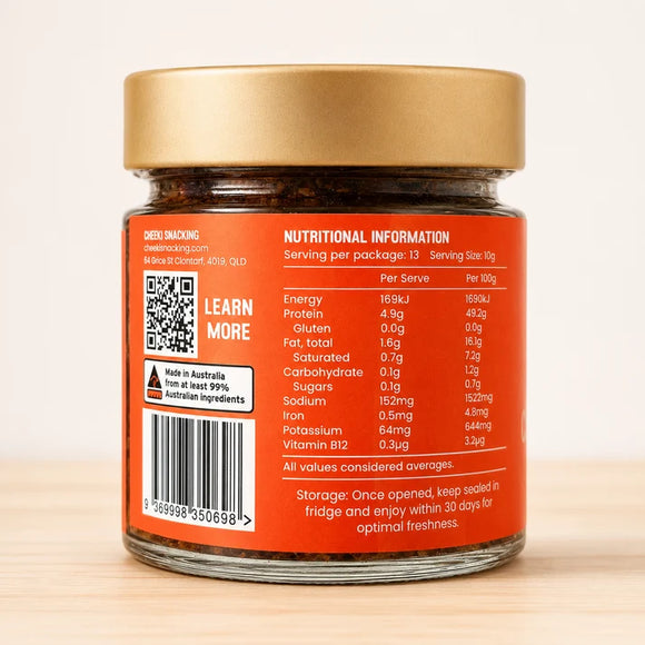 A glass jar of Cheeki Chilli Crunch Crunchy Biltong Bits premium Australian organic grass-fed beef biltong and transforms it into crunchy biltong bits unlocking versatility to step up flavour and protein with any meal.