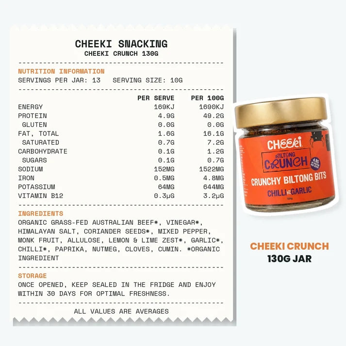 A glass jar of Cheeki Chilli Crunch Crunchy Biltong Bits premium Australian organic grass-fed beef biltong and transforms it into crunchy biltong bits unlocking versatility to step up flavour and protein with any meal nutrients