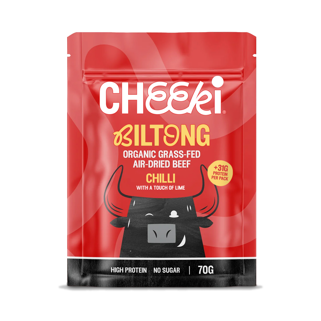 Cheeki Air-dried steak with a bold kick. Chilli and lime over Australian organic grass-fed beef, dried slow the traditional way.