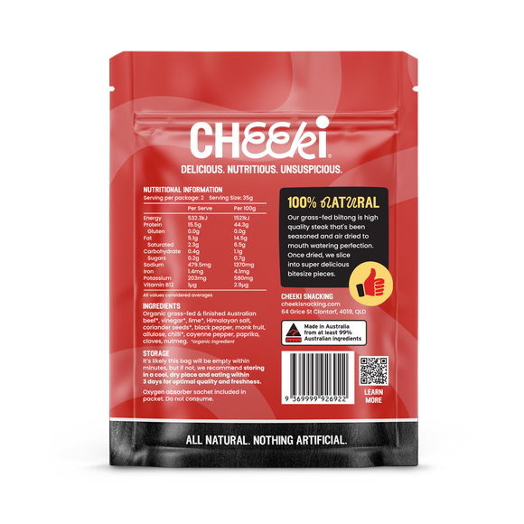 Cheeki Air-dried steak with a bold kick. Chilli and lime over Australian organic grass-fed beef, dried slow the traditional way.