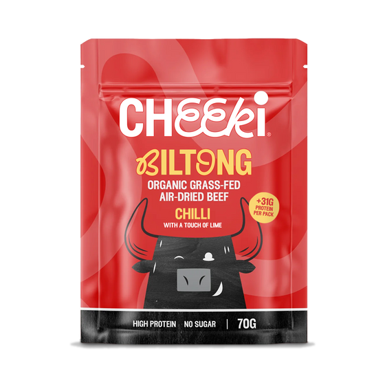 Cheeki Air-dried steak with a bold kick. Chilli and lime over Australian organic grass-fed beef, dried slow the traditional way.