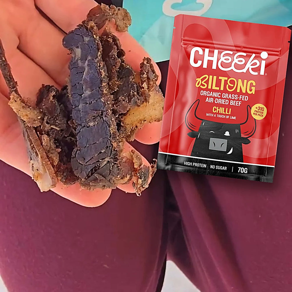Cheeki Air-dried steak with a bold kick. Chilli and lime over Australian organic grass-fed beef, dried slow the traditional way.
