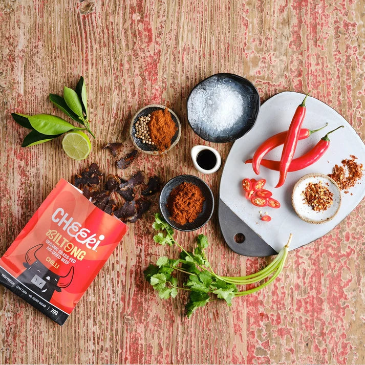 Cheeki Air-dried steak with a bold kick. Chilli and lime over Australian organic grass-fed beef, dried slow the traditional way.