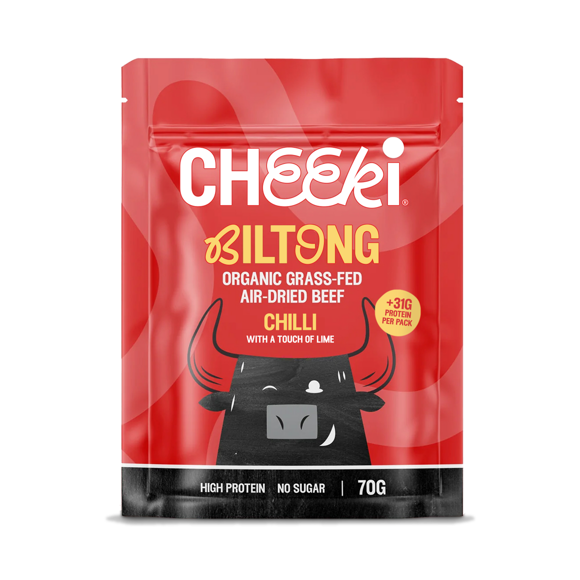 Cheeki Air-dried steak with a bold kick. Chilli and lime over Australian organic grass-fed beef, dried slow the traditional way.