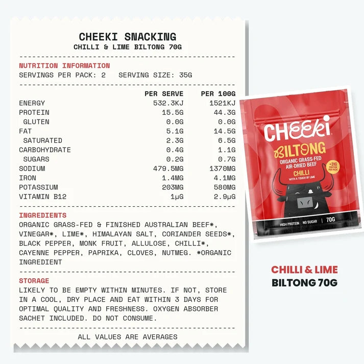 Cheeki Air-dried steak with a bold kick. Chilli and lime over Australian organic grass-fed beef, dried slow the traditional way.