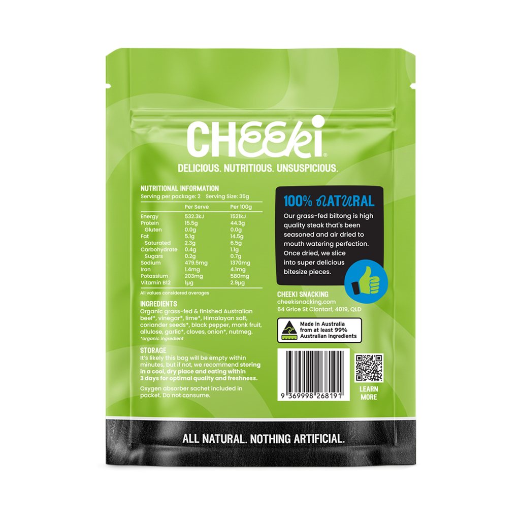 Air-dried steak, punchy with garlic and a citrus twist. Australian organic grass-fed beef, dried slow the traditional way.