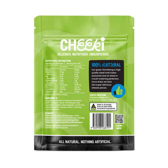Air-dried steak, punchy with garlic and a citrus twist. Australian organic grass-fed beef, dried slow the traditional way.