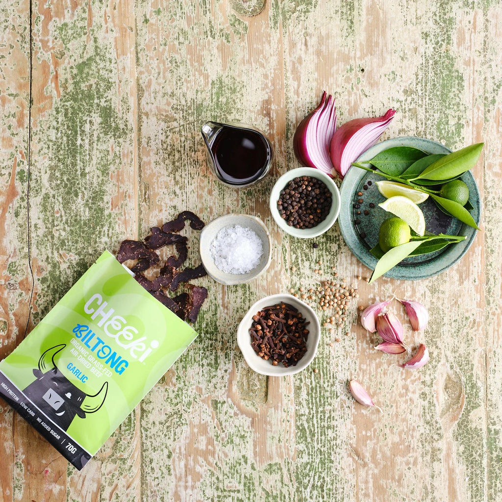 Air-dried steak, punchy with garlic and a citrus twist. Australian organic grass-fed beef, dried slow the traditional way.