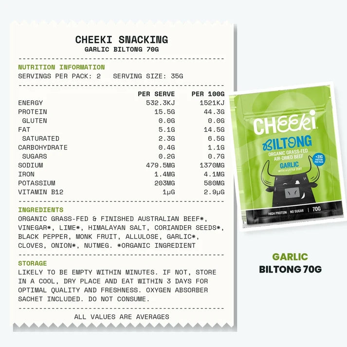 Air-dried steak, punchy with garlic and a citrus twist. Australian organic grass-fed beef, dried slow the traditional way.