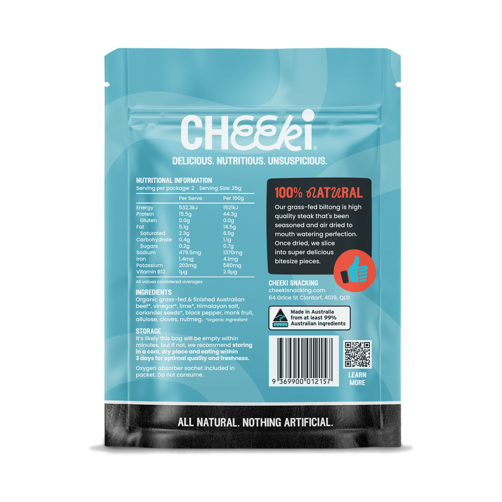 Cheeki Air-dried steak in its purest form. Australian organic grass-fed beef, coriander seed and black pepper, dried slow the traditional way.