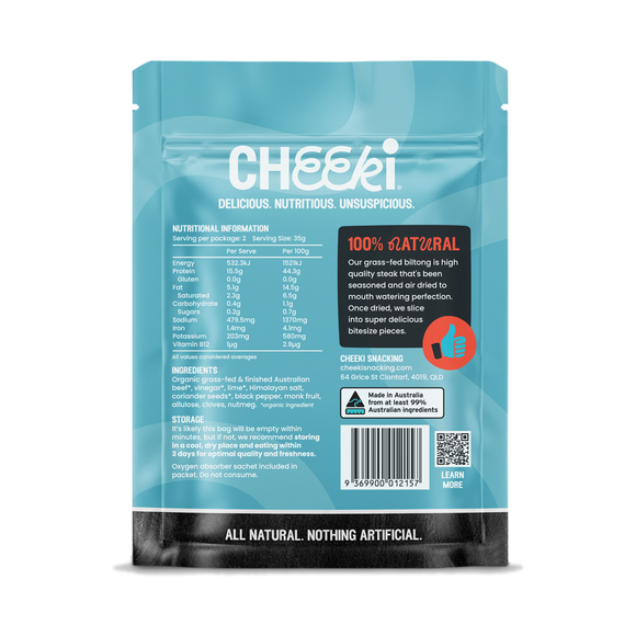 Cheeki Air-dried steak in its purest form. Australian organic grass-fed beef, coriander seed and black pepper, dried slow the traditional way.
