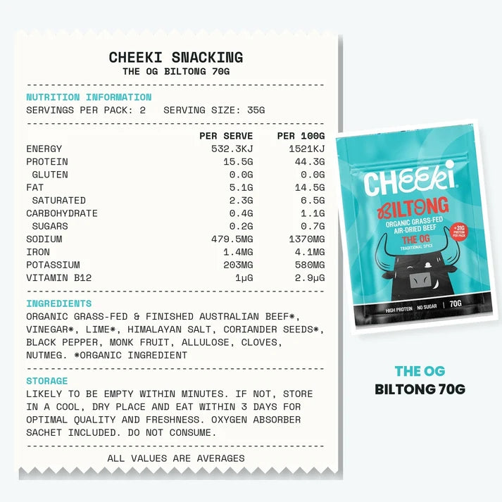 Cheeki Air-dried steak in its purest form. Australian organic grass-fed beef, coriander seed and black pepper, dried slow the traditional way.