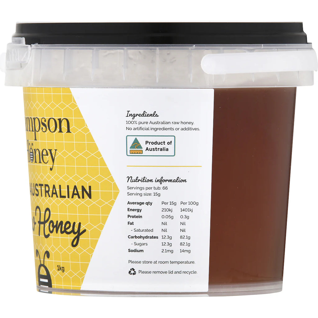 A 1kg plastic tub of Hampson Honey Free from any additives or preservatives, our retail honey products are pure, raw, 100% Australian and always A-grade honey.