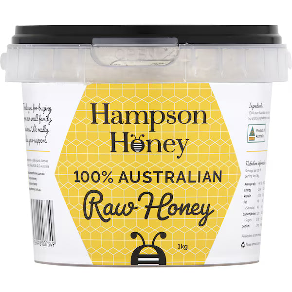 A 1kg plastic tub of Hampson Honey Free from any additives or preservatives, our retail honey products are pure, raw, 100% Australian and always A-grade honey.