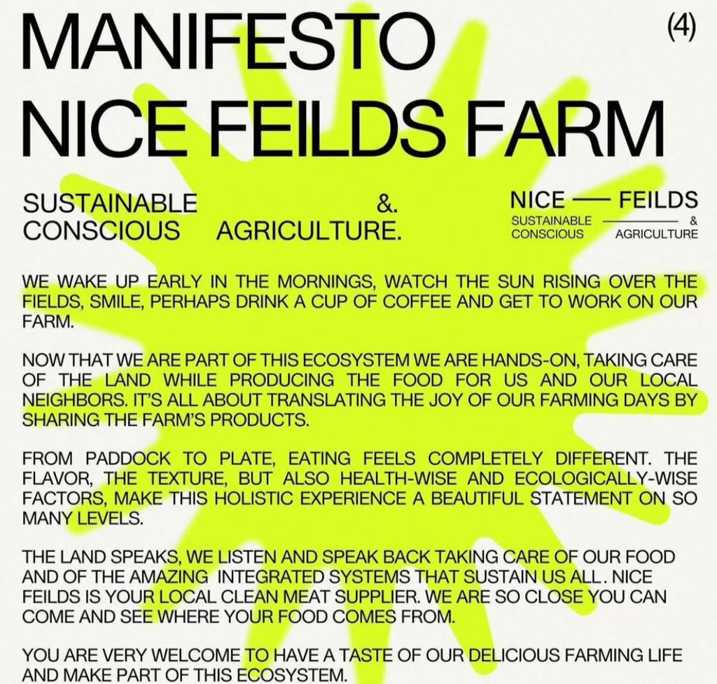 Manifesto for Nice Feilds Farm with text about sustainable and conscious agriculture.