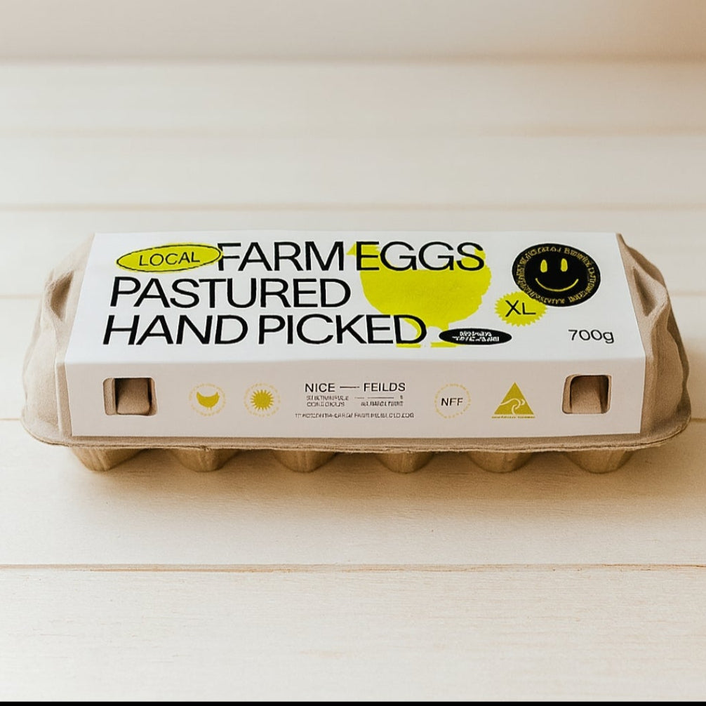 Carton of Pasture-Raised Eggs 800g handpicked eggs on a wooden surface