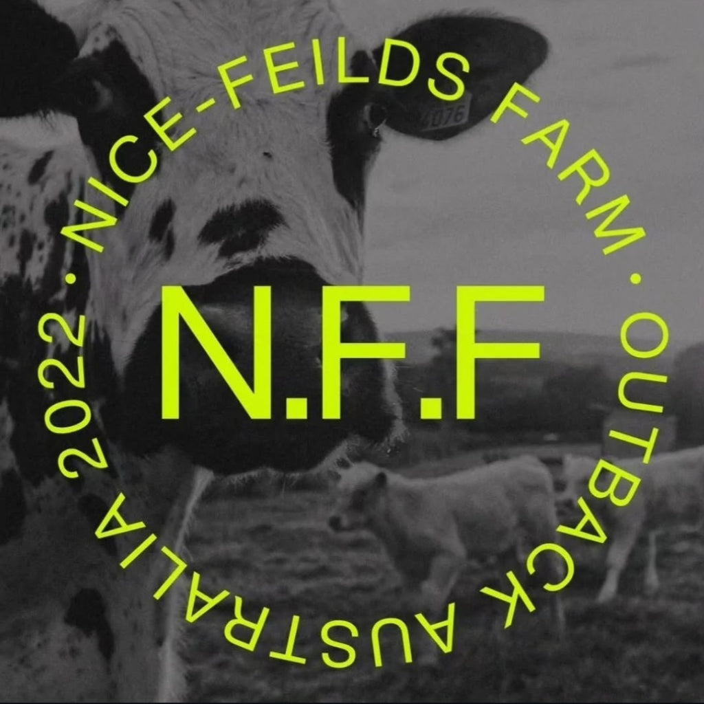 Black and white cow with 'Nice-Feilds Farm Outback Australia' text overlay
